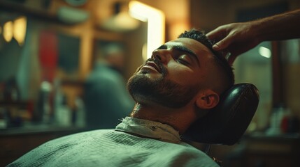 Obraz premium A barber styling a customer's hair, focusing on modern grooming and masculinity in a classic barbershop. Perfect for lifestyle, fashion, and self-care themes.