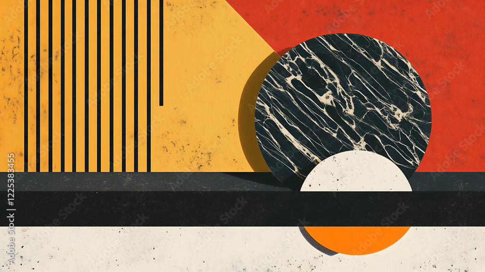 Poster minimalistic composition featuring geometric shapes with contrasting colors. generative ai