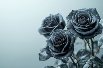 Moody close-up of dark roses covered in water droplets, creating a melancholic and elegant atmosphere