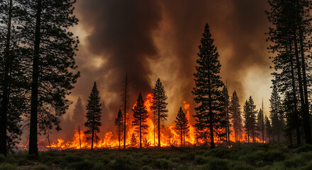 Fiery Wildfire Inferno Consumes Forest, Silhouette of Pines Against Burning Landscape