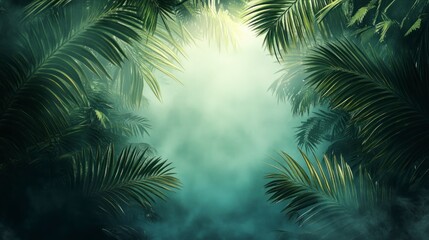 Digital art of an emerald jungle, with a foggy background. Palm leaves frame the scene, which is symmetrical and has cinematic lighting