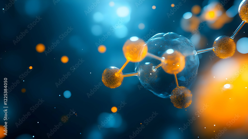 Poster close-up view of molecules in a colorful abstract background representing scientific exploration.