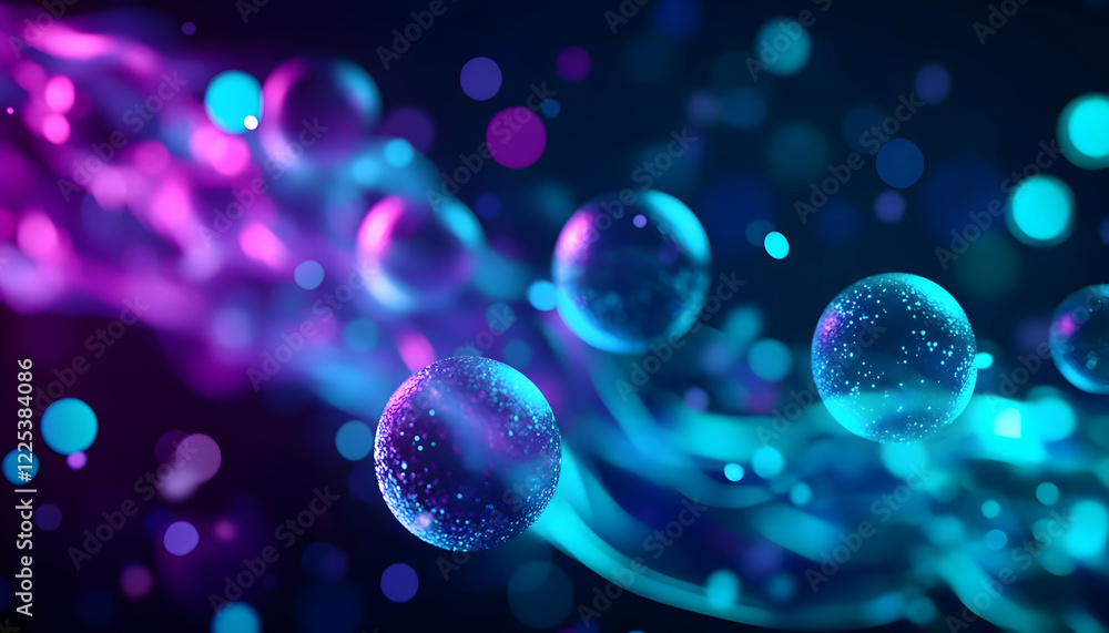 Poster colorful abstract spheres floating in a vibrant digital landscape, creating a mesmerizing visual exp