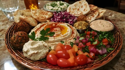 Vibrant Middle Eastern Platter with Hummus, Vegetables and Breads