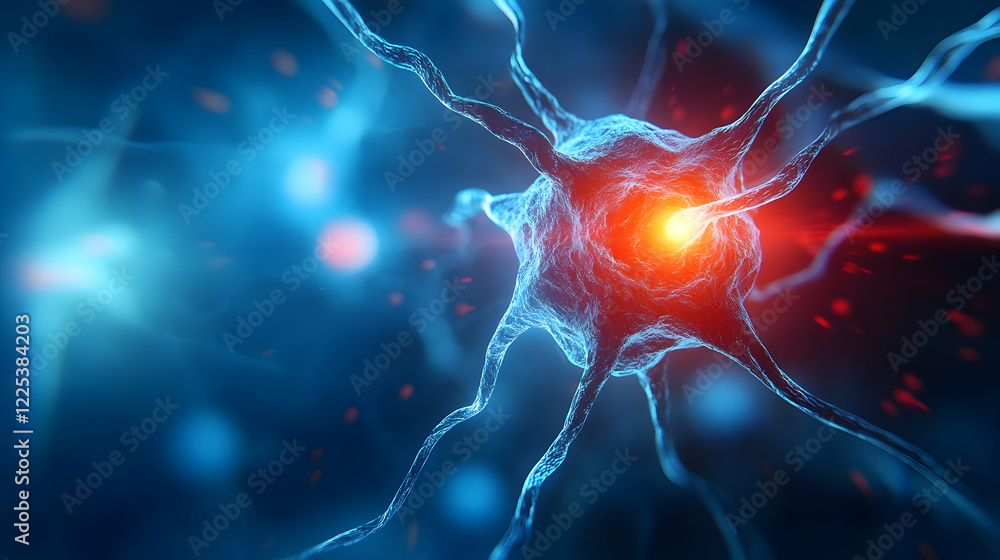Poster detailed close-up of a neuron showcasing its structure with vibrant colors representing electrical i
