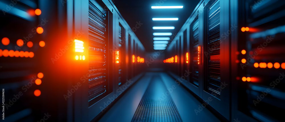 Poster futuristic server room with illuminated racks, showcasing advanced technology and data storage syste