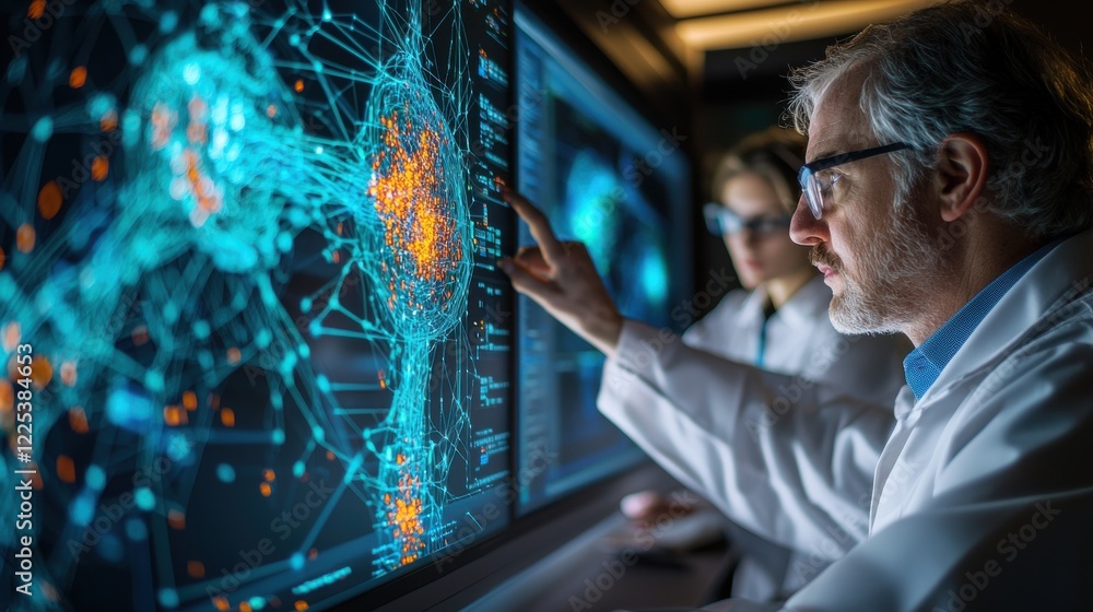 Poster scientist examining futuristic data visualization on computer screen