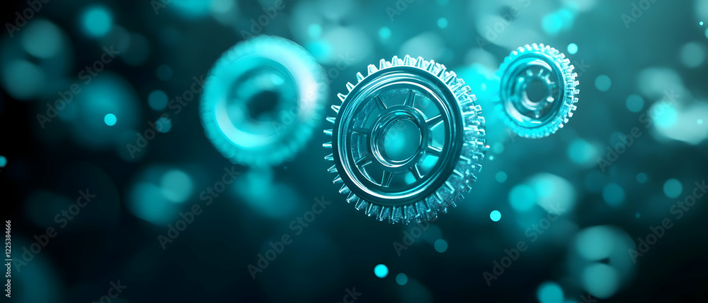 Poster high-tech gears floating in a dynamic blue and green digital space representing innovation and engin