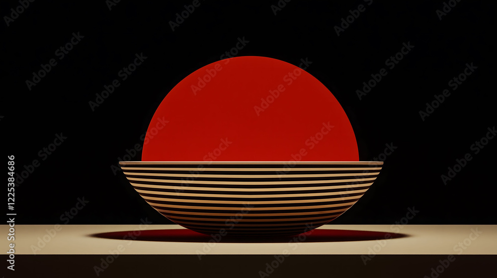 Poster minimalistic composition of a red sphere above a striped bowl on a dark background. generative ai