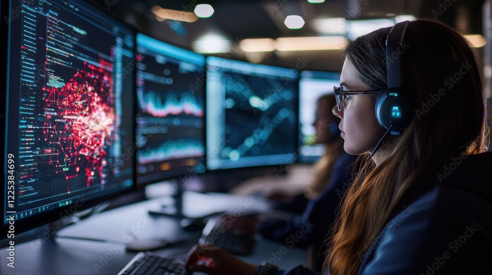 Poster female tech professional analyzing data visualizations on multiple computer screens