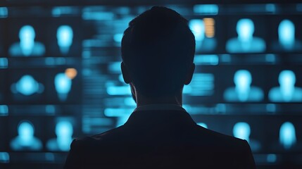 Recruiter Evaluating Candidates on Glowing Digital Dashboard for High-Level Executive Search