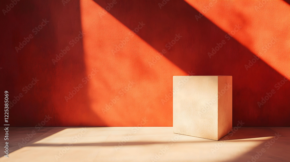 Poster minimalistic composition of a cube in a sunlit orange room. generative ai