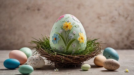 Easter egg and toy car on wooden background, happy easter day concept