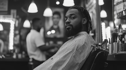 A black-and-white image of a modern barbershop, featuring a man getting a haircut. The sleek design and vintage atmosphere make it ideal for lifestyle, fashion, and professional grooming content.