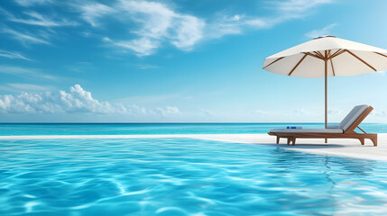 Relaxing tropical beach scene with clear water, a sun lounger, and a parasol under a bright blue sky.