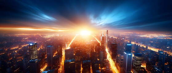 Stunning aerial view of a city at sunrise, with vibrant colors illuminating skyscrapers and streets.