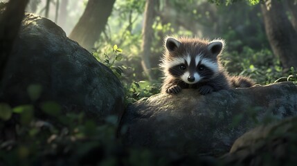Curious Raccoon Posing on Stone in Lush Forest Environment