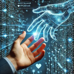 human hand reaching out and shaking a digital hand formed from glowing blue binary code
