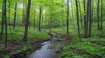 Obraz premium Lush green forest stream flows gently through trees