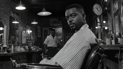 A black-and-white image of a modern barbershop, featuring a man getting a haircut. The sleek design and vintage atmosphere make it ideal for lifestyle, fashion, and professional grooming content.