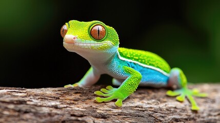Green gecko on branch, rainforest background, nature photography, wildlife stock image
