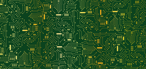 Technology green and golden circuit diagram concept. stock illustration.