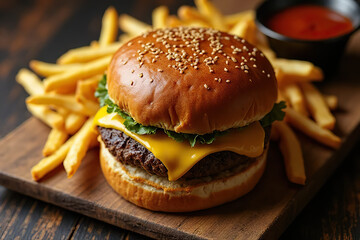 Juicy cheeseburger with lettuce and sesame seed bun served with crispy fries on wooden board