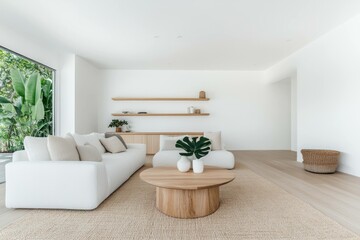 Bright and airy modern living room with minimalistic design featuring a white sofa, wooden coffee table, and lush green plants for a serene atmosphere
