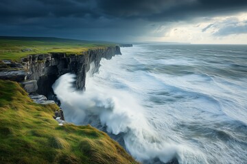Fototapeta premium Coastal Cliff With Massive Waves Crashing Against Rocks Under Dark Stormy Sky. Powerful Ocean Landscape Depicting Raw Natures Force. Perfect For Environmental And Weather Themes. AI generated