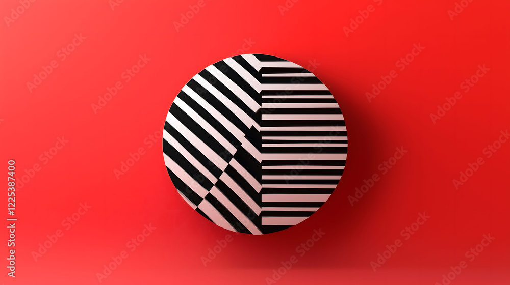 Aufkleber minimalistic circular design with contrasting stripes on vibrant red background. generative ai