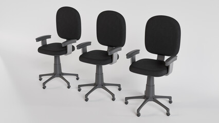Fototapeta premium Three black ergonomic office chairs isolated on white background. Modern and minimalist design. Ideal for projects related to office, teamwork, productivity and business.