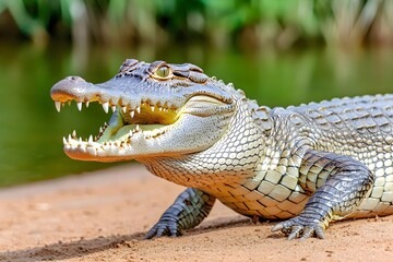 Obraz premium Close-Up of Crocodile with Exposed Teeth Near Water's Edge