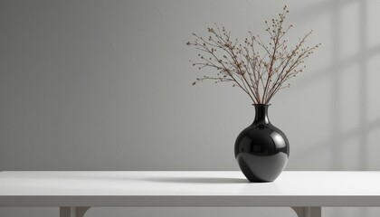 Elegant Minimalist Home Decor Still Life: Black Vase with Dried Branches on White Table