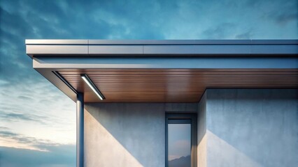 Modern Architectural Exterior Detail  Overhanging Roofline with Wood Accents and Linear Lighting