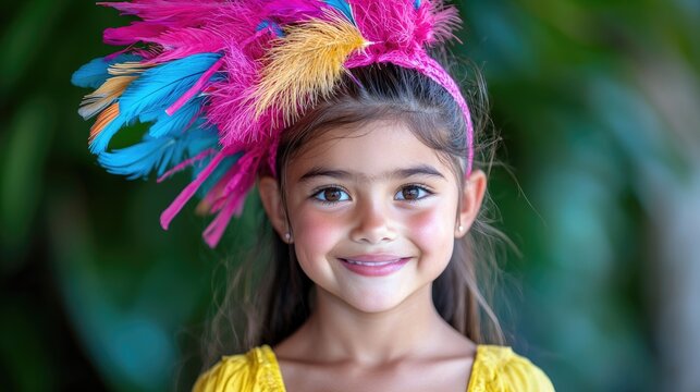 Girl in feathered headdress smiles outdoors, lush green background, for children's party invitations