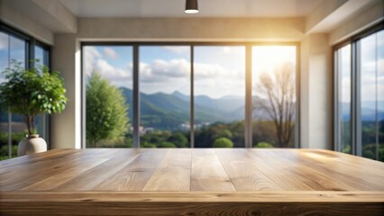 Empty wooden table top with blurred scenic mountain view from large windows