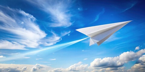 A white paper airplane soars through a vibrant blue sky, leaving a bright trail, symbolizing dreams taking flight and achieving ambitious goals.