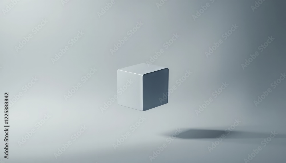 Poster floating cube in minimalist gray studio: a study in shape and light