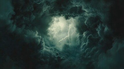Fototapeta premium Dark clouds, a dark, stormy sky, an ominous light in the center of the frame, and white lightning from above.