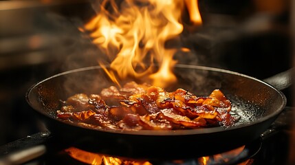 Bacon sizzling as it fries in a cast iron skillet on a glass