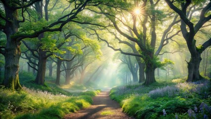 Sunlit Path Through a Mystical Forest of Ancient Trees with Blossoming Wildflowers
