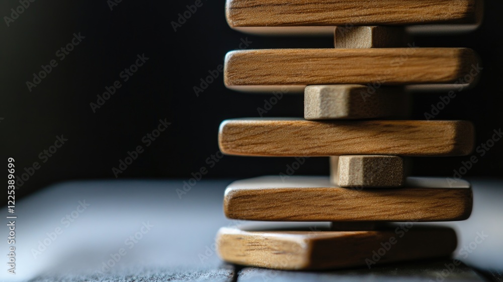 Aufkleber wooden blocks stacked in abstract shape on dark table for compliance development and business concep