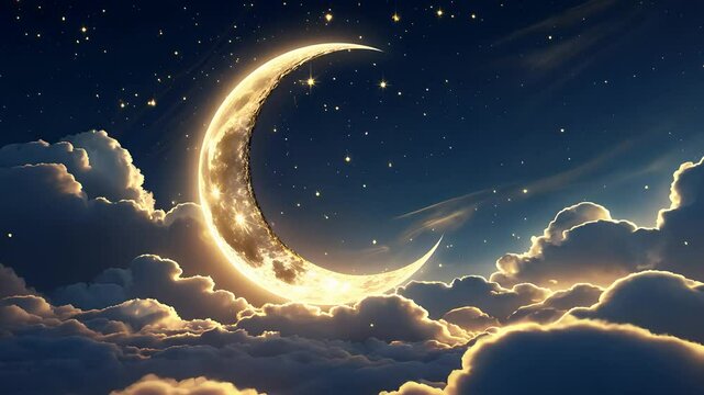 Glowing Crescent Moon Among Soft Clouds in a Starry Night Sky with a Warm Golden Illumination

