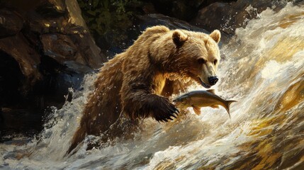 A bear catches a fish in a fastflowing river.