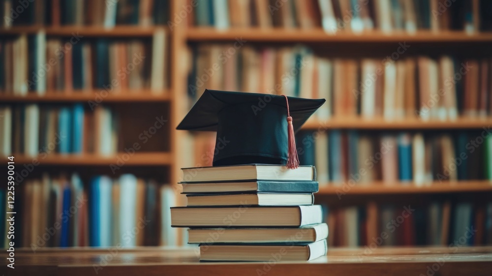 Poster e learning and online education concept with graduation cap on stack of books in library setting for