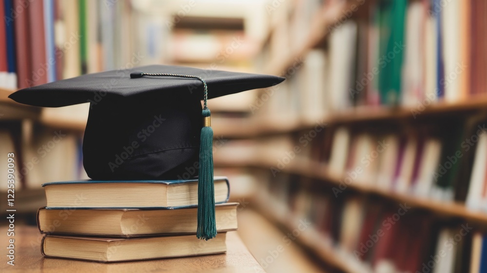 Poster e-learning platform concept featuring a black graduation cap on a stack of books in a library with b