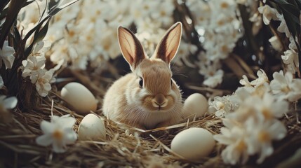 Fluffy light brown rabbit nestled among white flowers and decorative eggs in a straw nest, evoking Easter and springtime vibes.