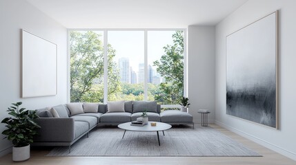 Fototapeta premium Modern minimalist living room featuring a grey sectional sofa and large windows overlooking a city park during the day.