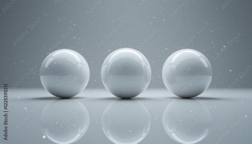 Poster three perfect white spheres reflecting on a smooth surface, minimalist 3d render with subtle light p