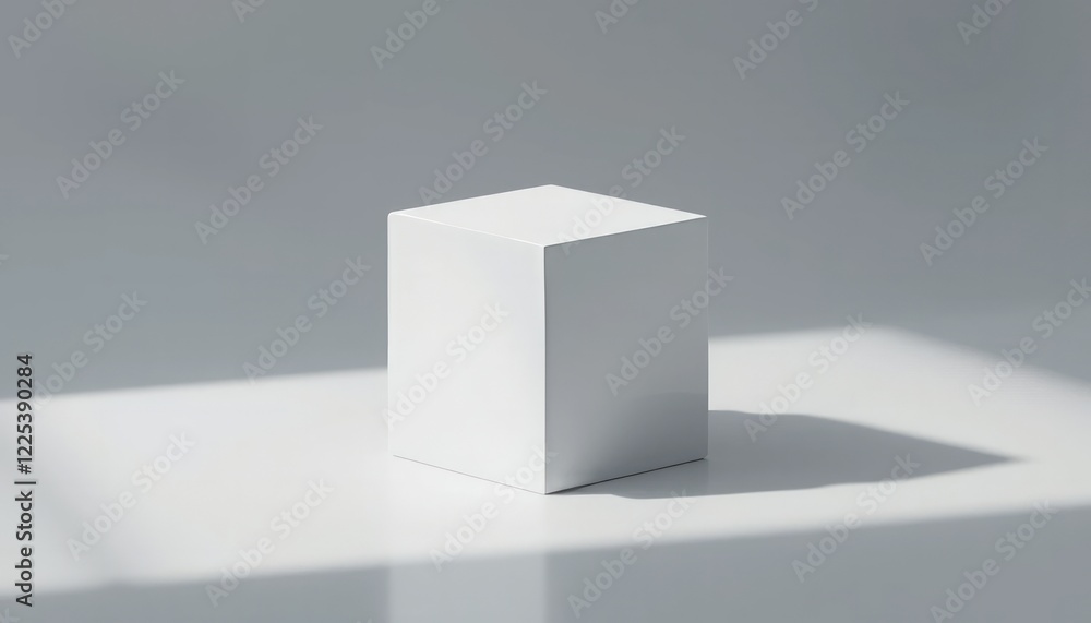 Poster minimalist white cube on bright surface with light and shadow effects: product display mockup